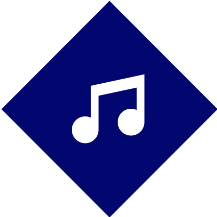 White musical note on blue diamond background.