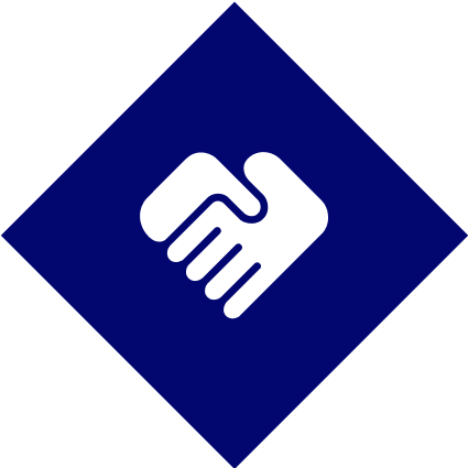 White handshake icon on blue diamond background.