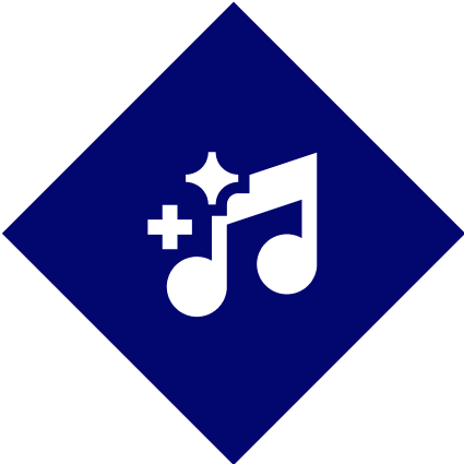 Musical note icon with sparkles on blue.